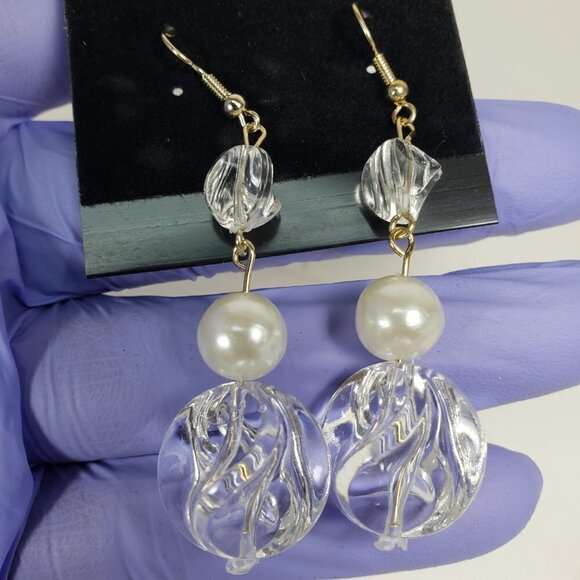 Clear Twisted Bead Drop Earrings w/ Off-white Accent Modern Statement Dangle - Picture 9 of 9